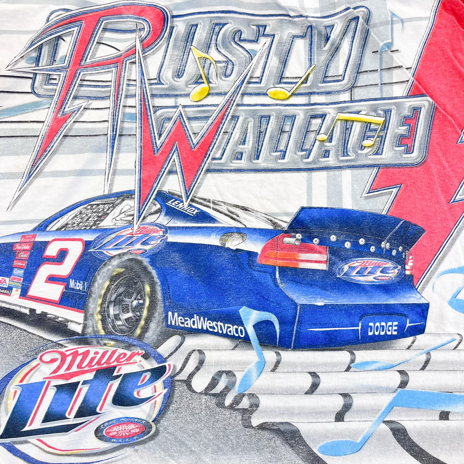 F- Vintage Nascar Rusty Wallace Rockin' In The USA Chase Authentic Car Jumbo Print Tee