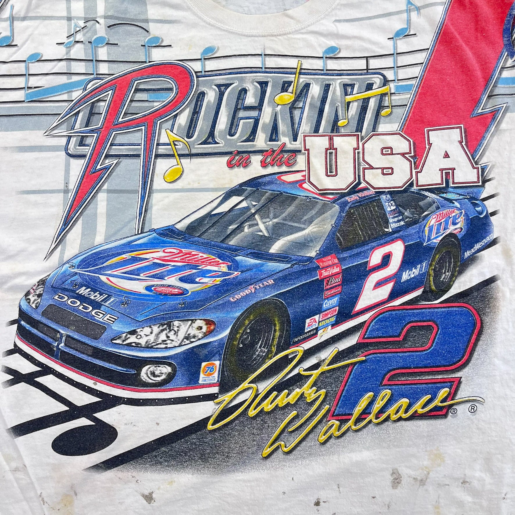 F- Vintage Nascar Rusty Wallace Rockin' In The USA Chase Authentic Car Jumbo Print Tee