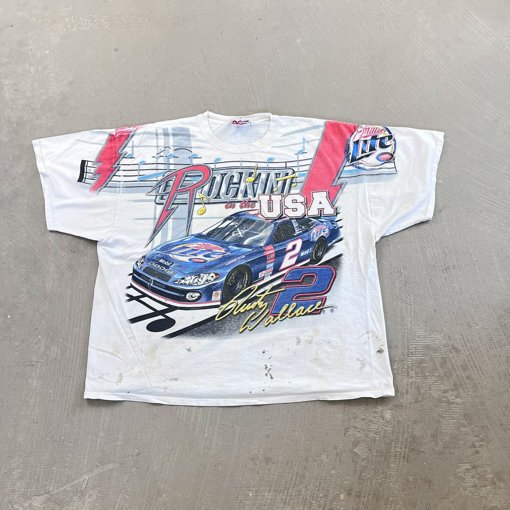 F- Vintage Nascar Rusty Wallace Rockin' In The USA Chase Authentic Car Jumbo Print Tee