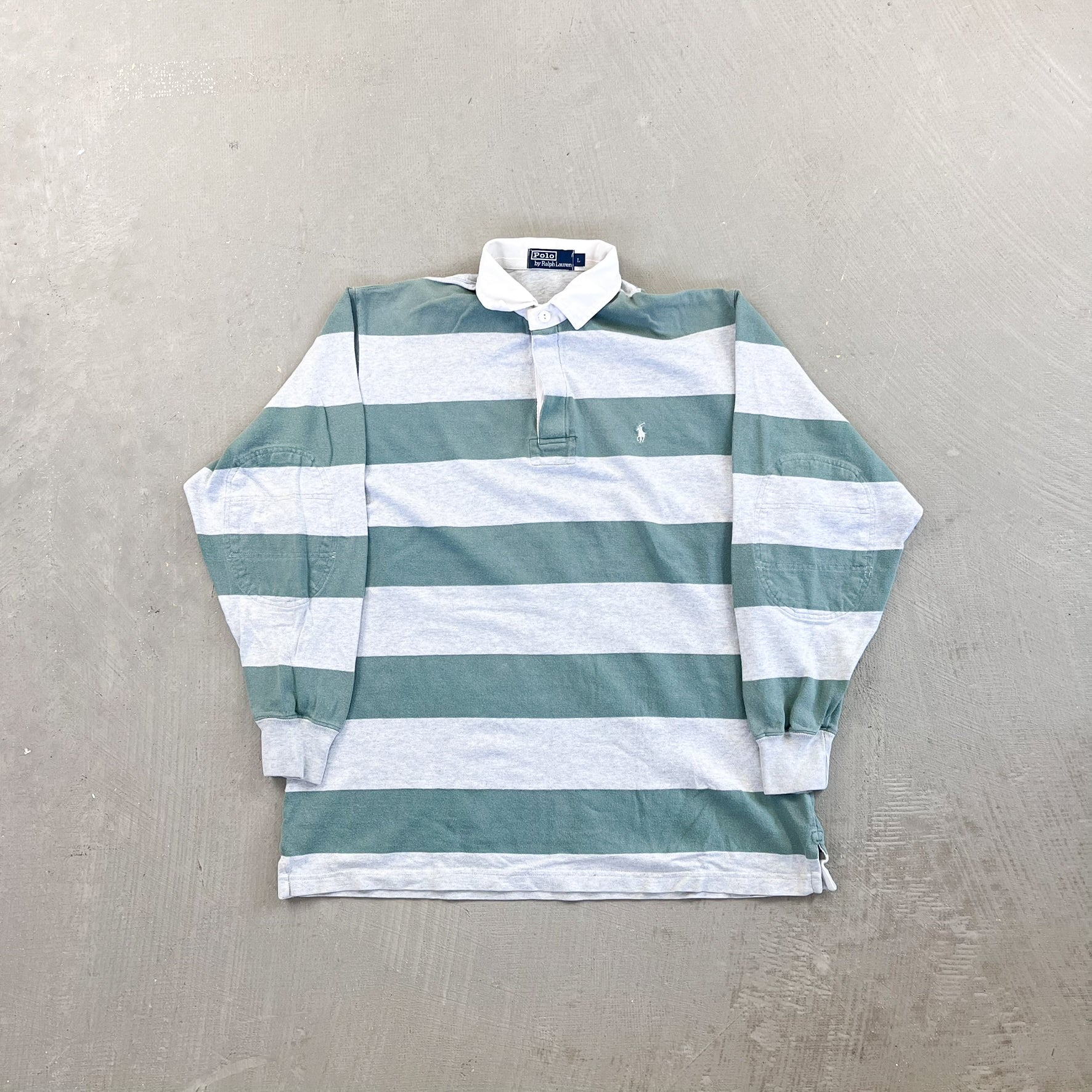 F- Vintage Polo Ralph Lauren Stripped Green/Grey Rugby Shirt