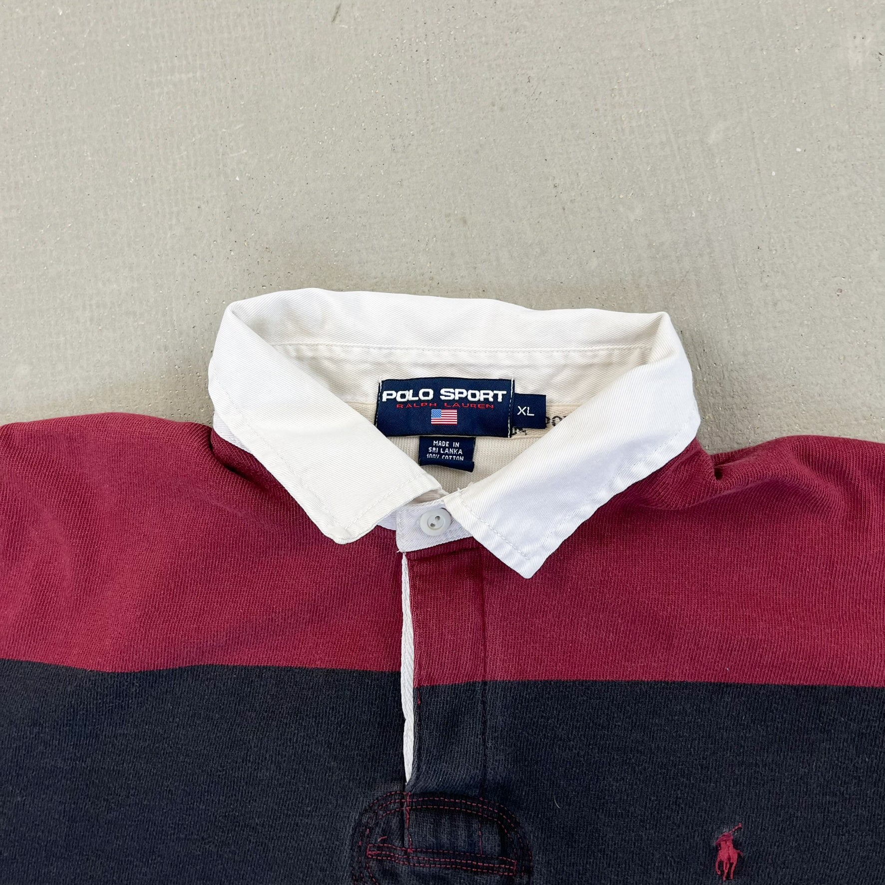 F- Vintage Polo Sport Ralph Lauren Stripped Black/Maroon Rugby Shirt