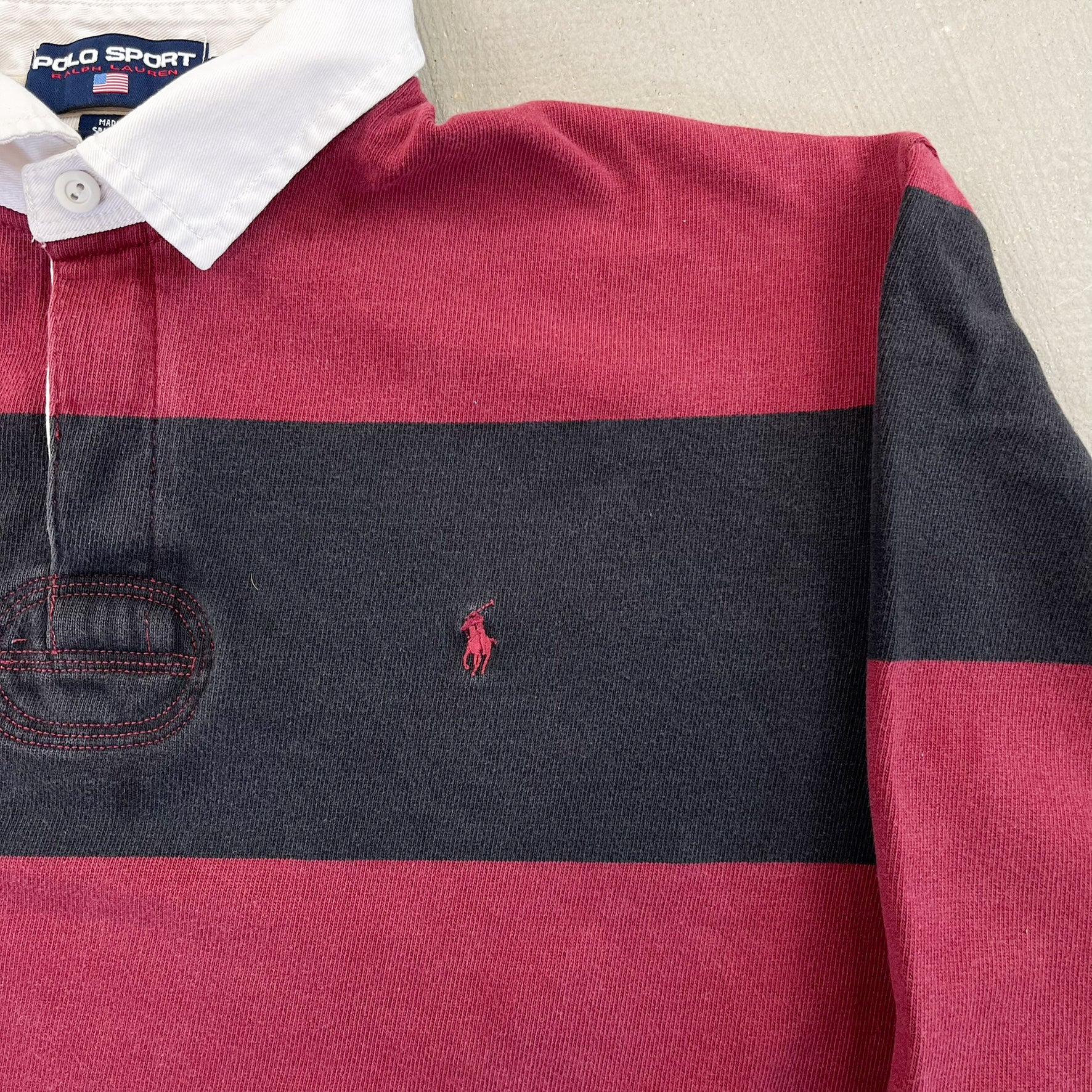 F- Vintage Polo Sport Ralph Lauren Stripped Black/Maroon Rugby Shirt