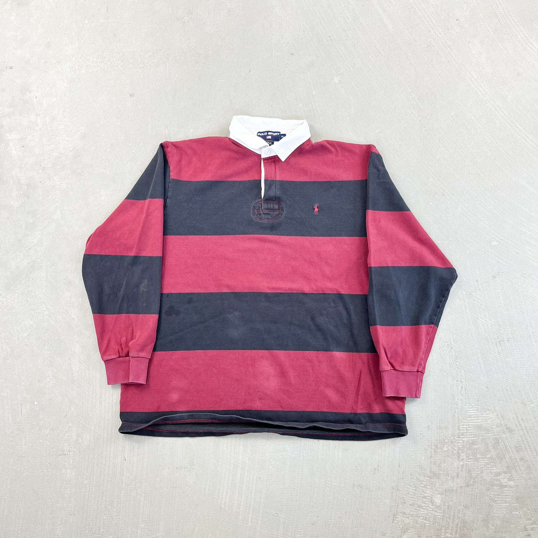 F- Vintage Polo Sport Ralph Lauren Stripped Black/Maroon Rugby Shirt