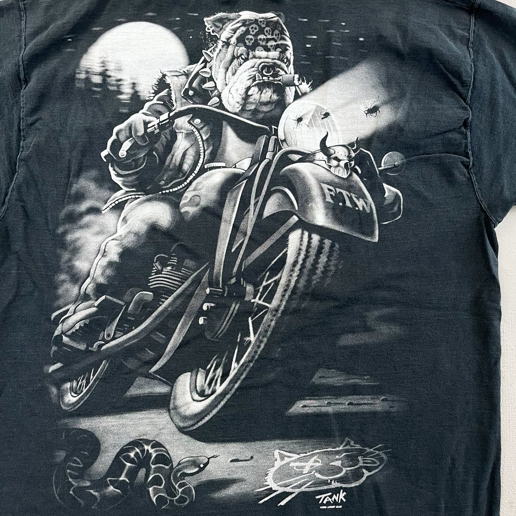 F- Vintage '96 Liquid Blue Cat Sucks Motorcycle Shop Graphic tee