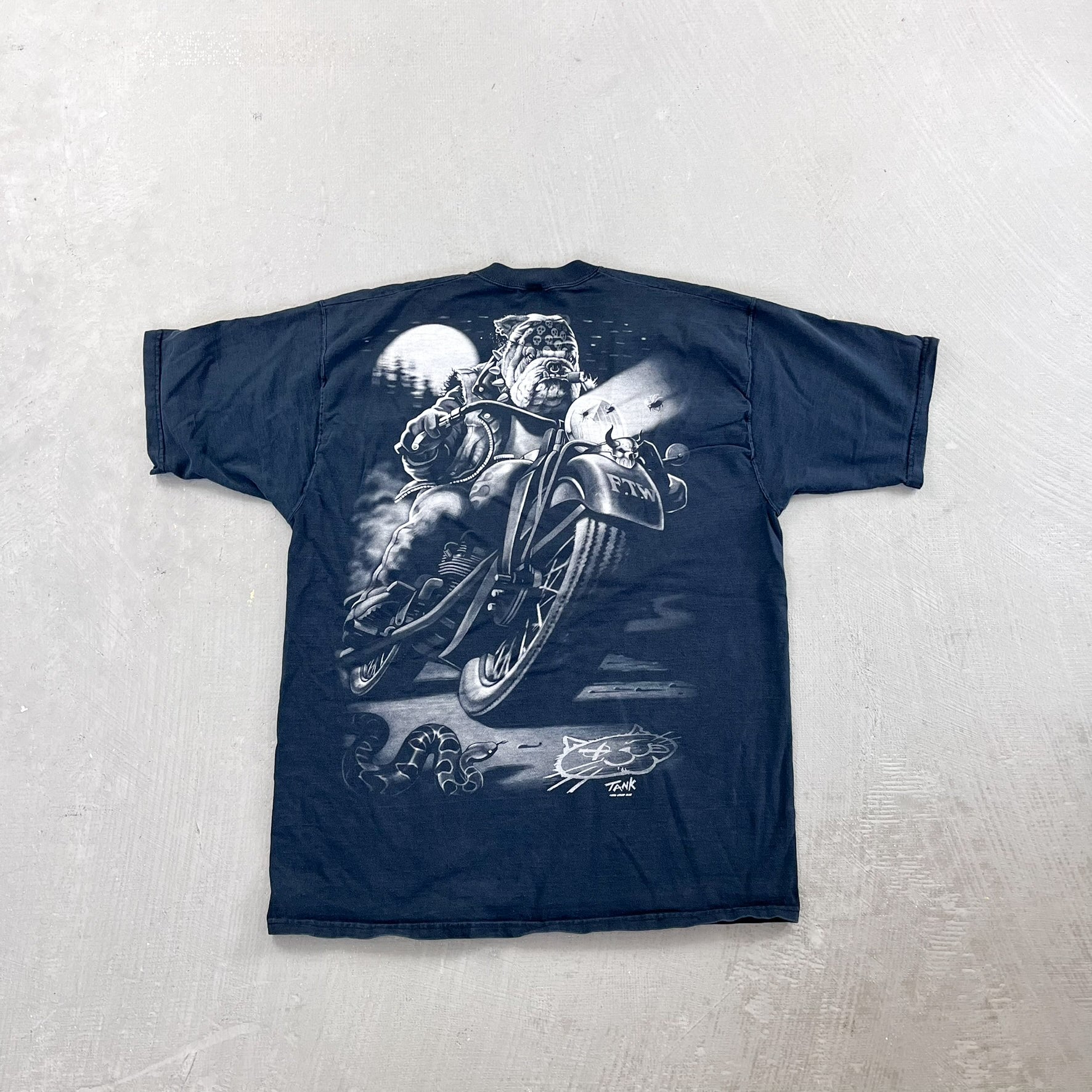 F- Vintage '96 Liquid Blue Cat Sucks Motorcycle Shop Graphic tee