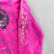 F- Vintage Ed Hardy Ladies Heart & Vines Graphic Velour Zip Up Hoodie