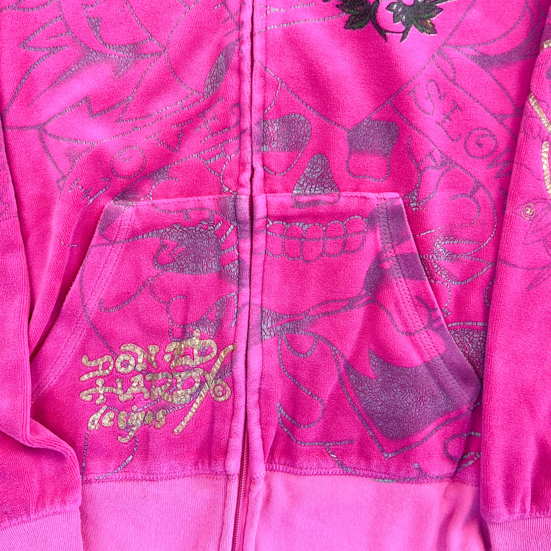 F- Vintage Ed Hardy Ladies Heart & Vines Graphic Velour Zip Up Hoodie
