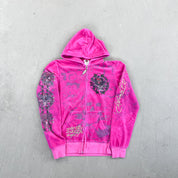 F- Vintage Ed Hardy Ladies Heart & Vines Graphic Velour Zip Up Hoodie