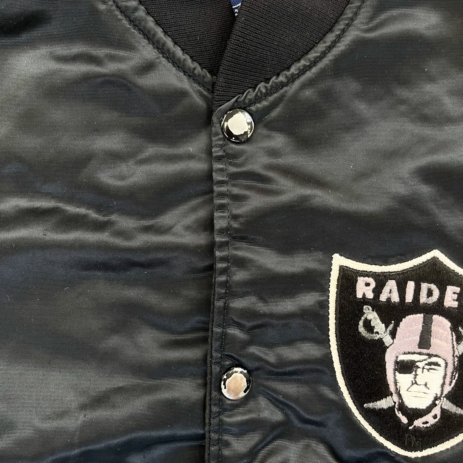 F- Vintage Oakland Raiders NFL Starter Satin Bomber Jacket