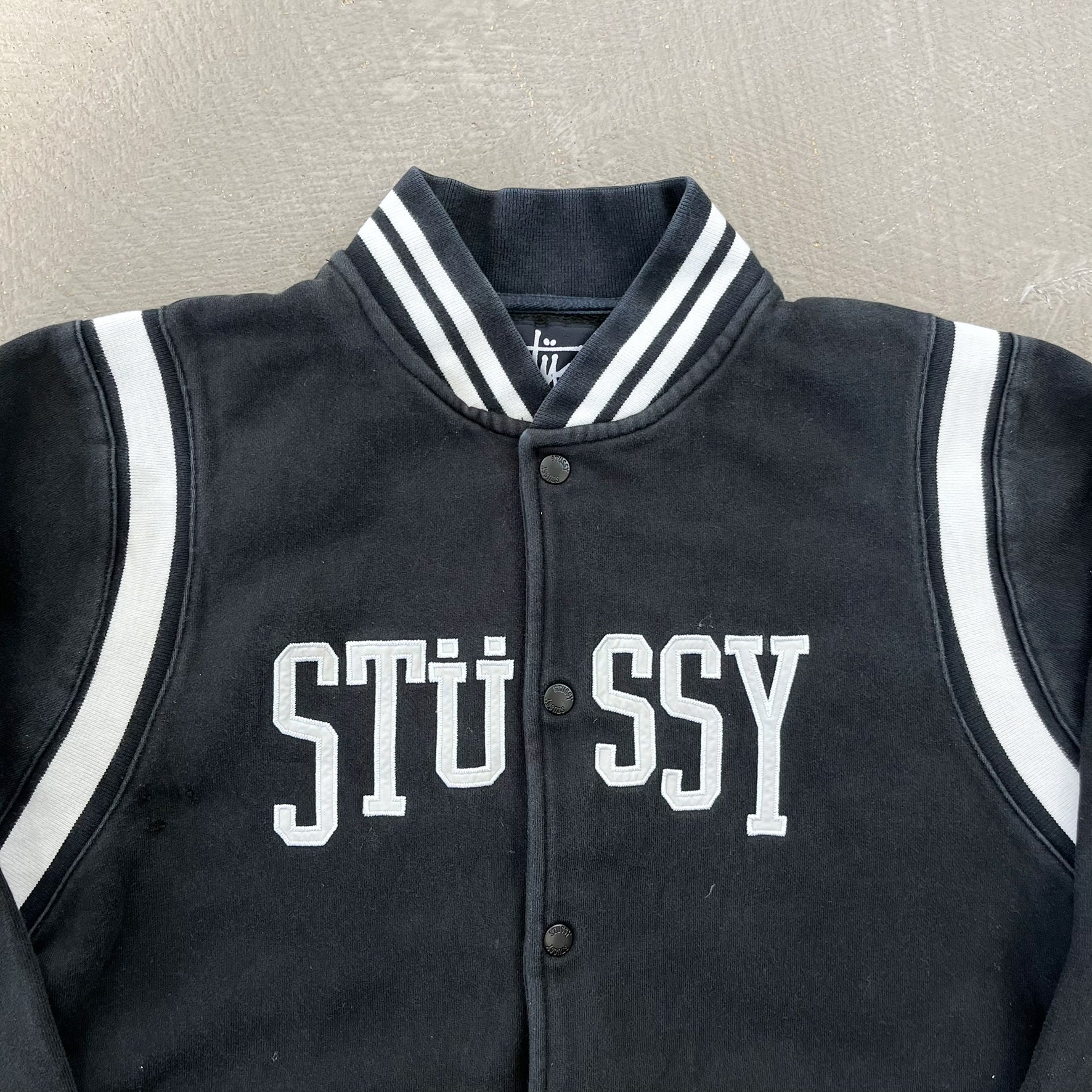F- Vintage Stussy Embroidered Text Button Bomber Jacket