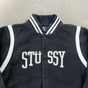 F- Vintage Stussy Embroidered Text Button Bomber Jacket