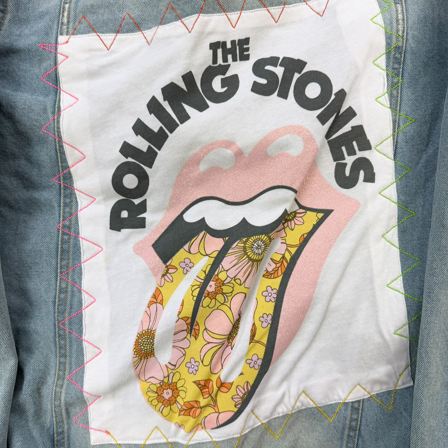 J- HOM Rolling Stones Logo & Flowers Reworked Denim Jacket - M