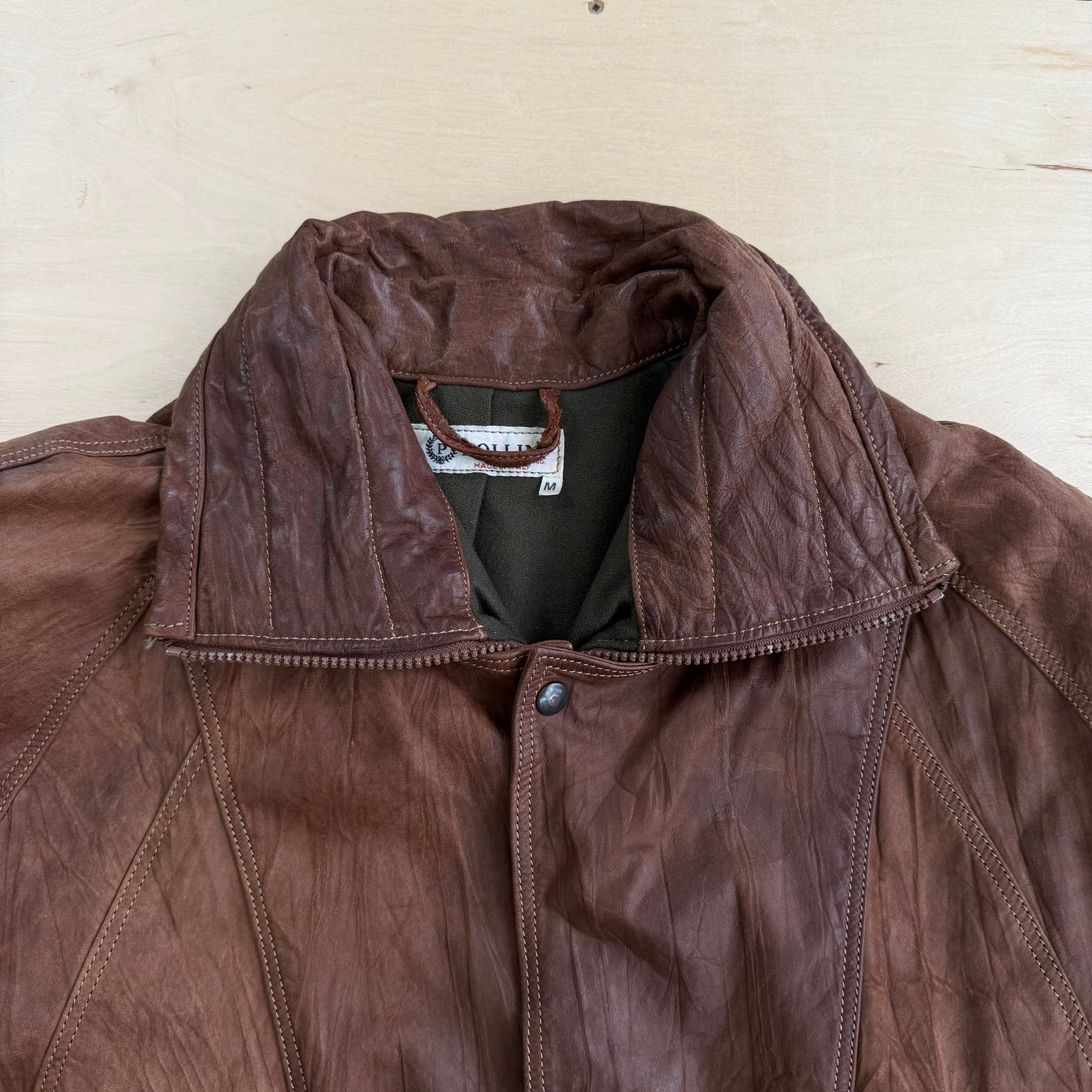 Vintage Pollini Made In Italy Embroidered Crest Zip Up Leather Jacket - M
