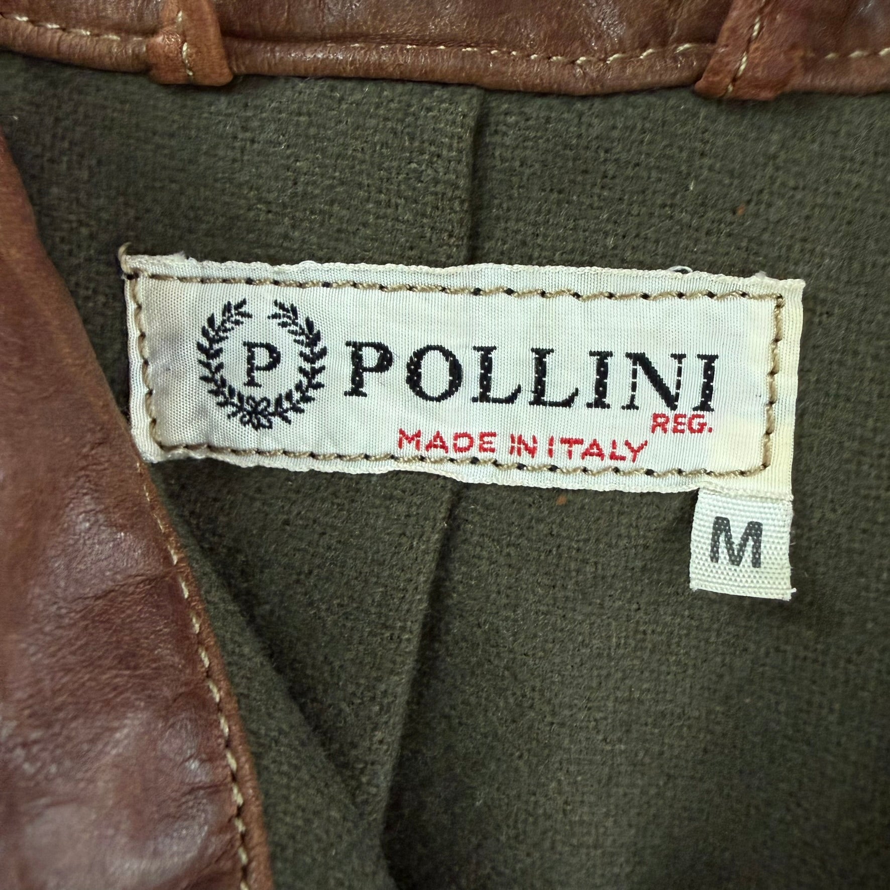 Vintage Pollini Made In Italy Embroidered Crest Zip Up Leather Jacket - M