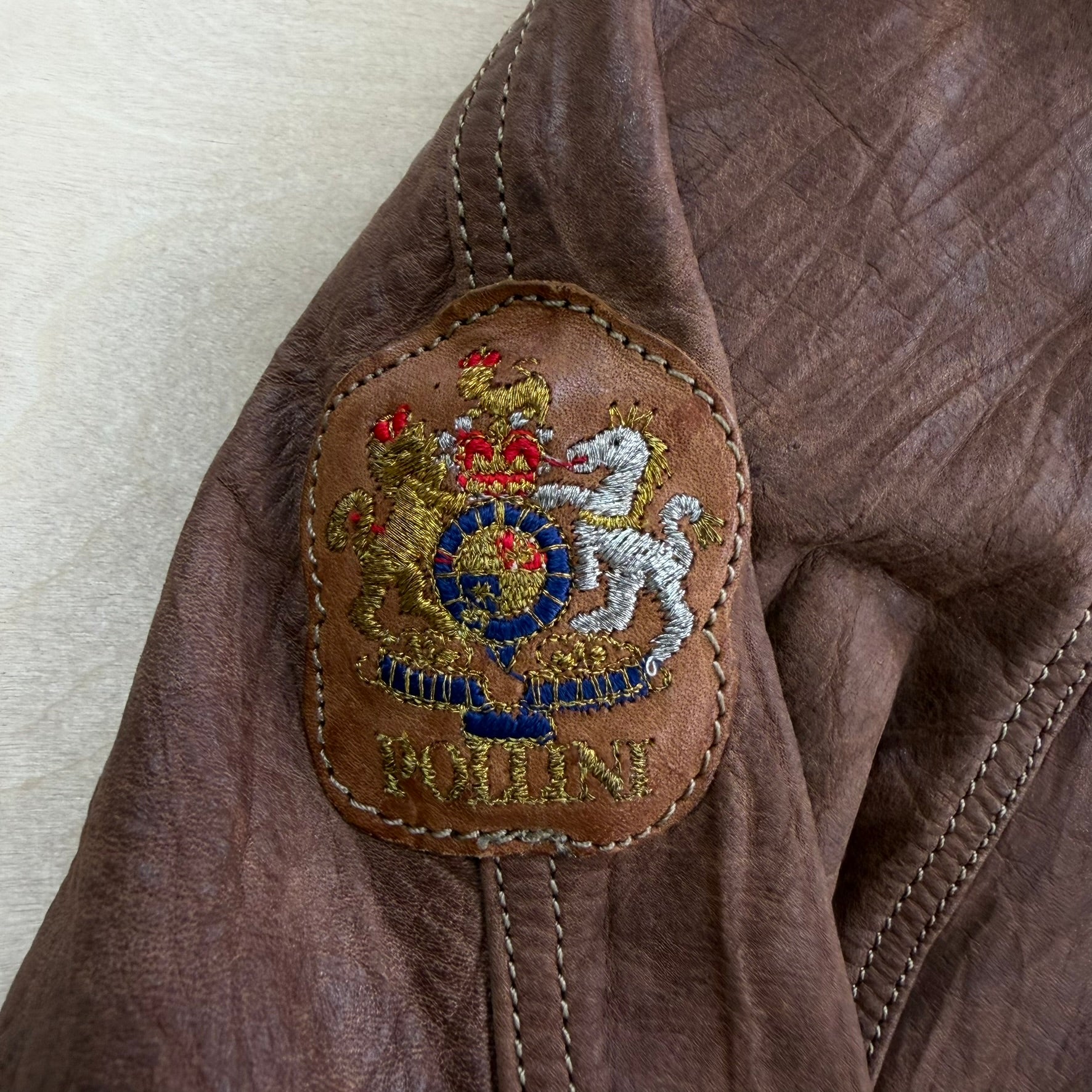 Vintage Pollini Made In Italy Embroidered Crest Zip Up Leather Jacket - M