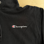 Vintage Champion Reverse Weave Embroidered Text Black Hoodie - M