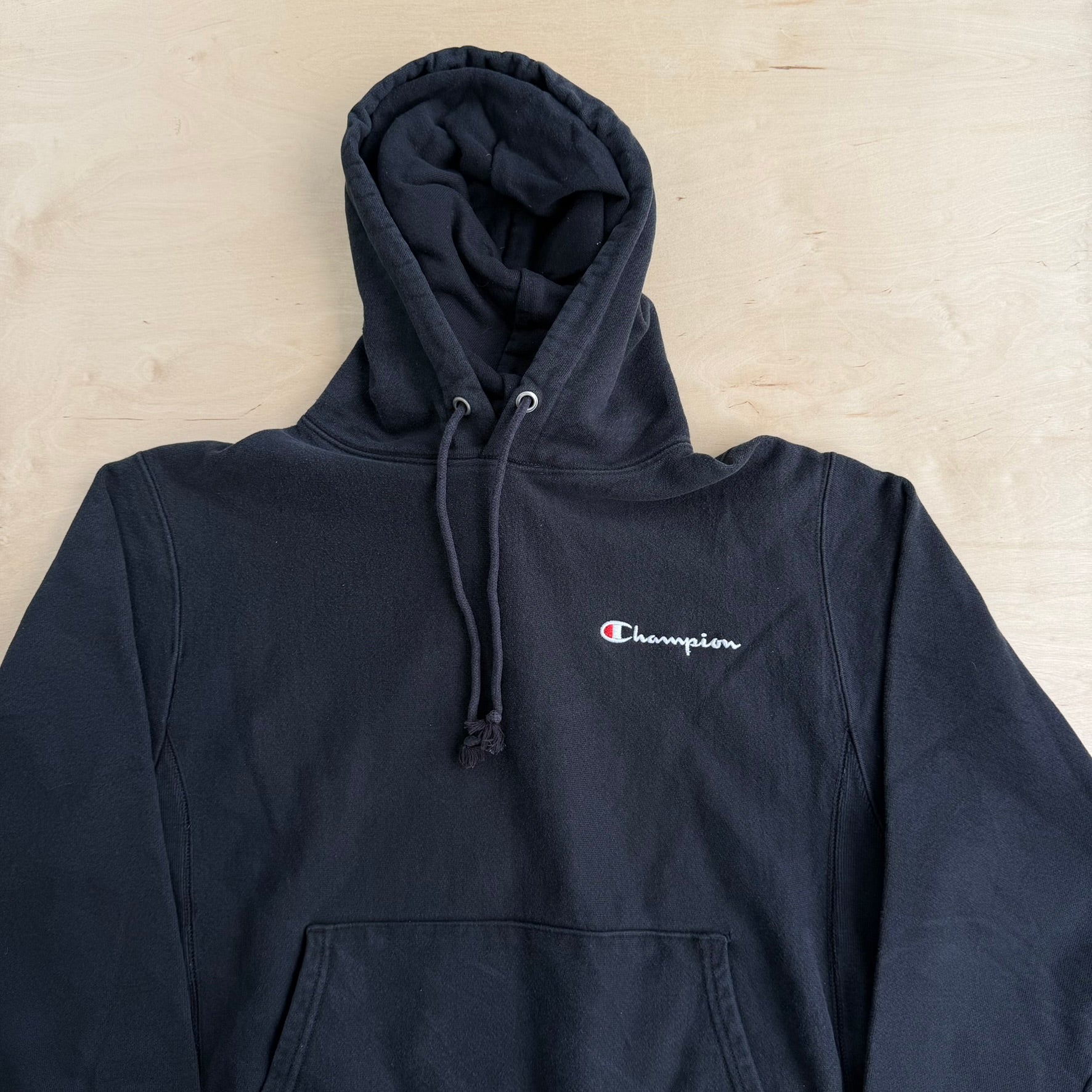 Vintage Champion Reverse Weave Embroidered Text Black Hoodie - M