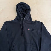 Vintage Champion Reverse Weave Embroidered Text Black Hoodie - M