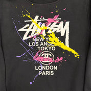 J- Stussy City Text & Paint Splatter Graphic Crewneck - M