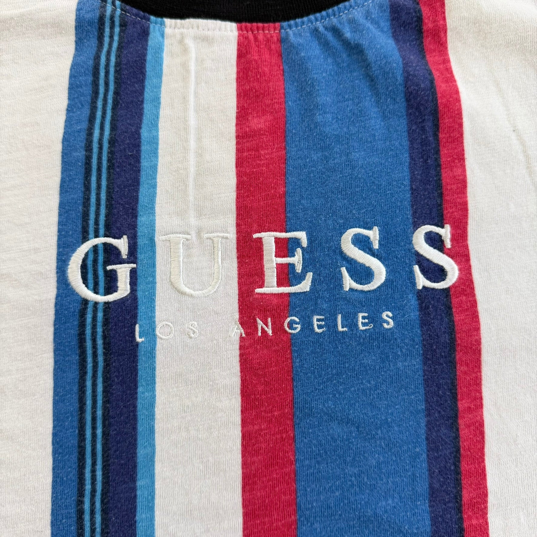 J- Vintage Guess Los Angeles Embroidered Logo Vertical Stripes Tee - M