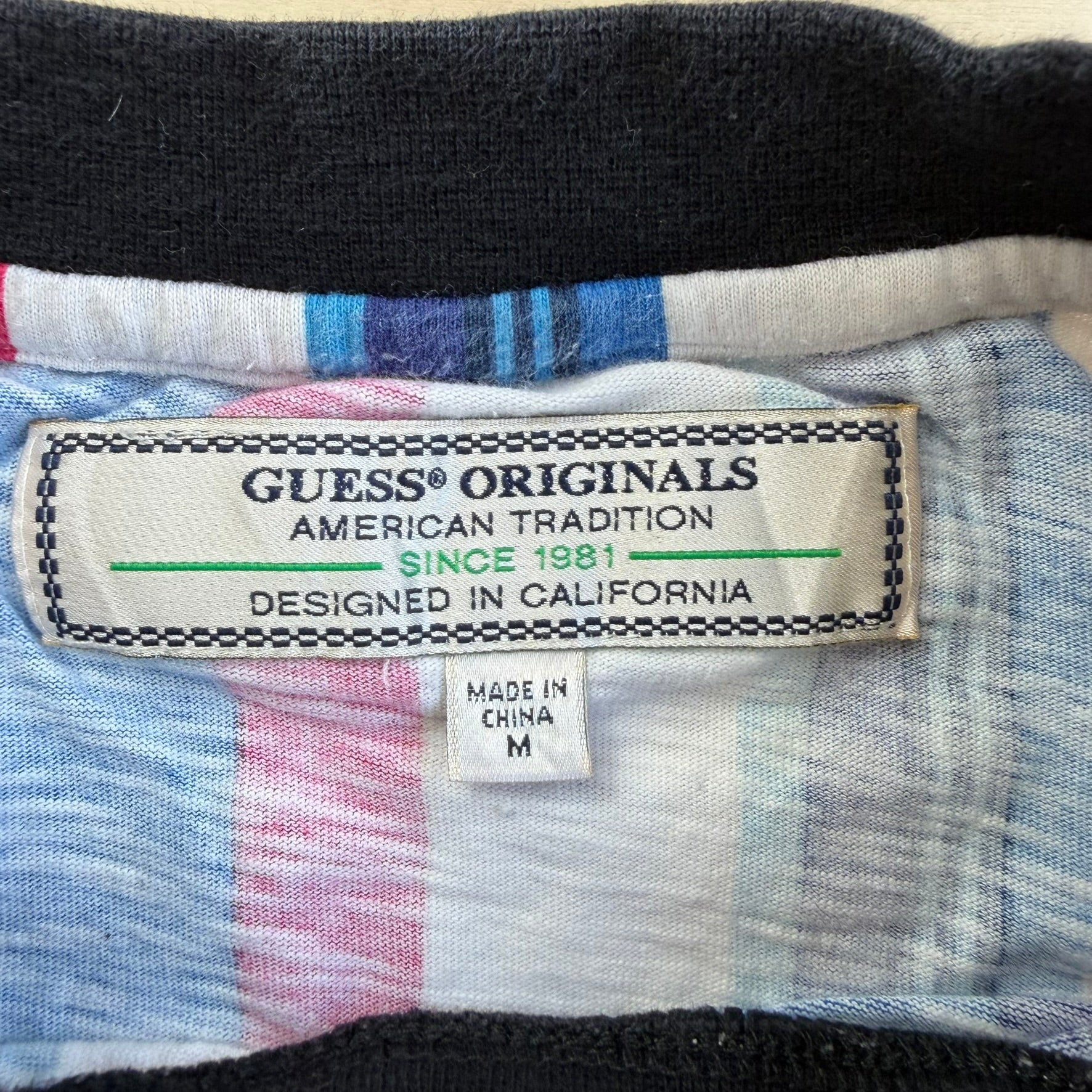 J- Vintage Guess Los Angeles Embroidered Logo Vertical Stripes Tee - M