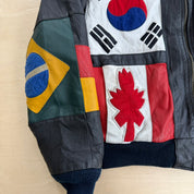 Vintage Phase 2 Embroidered World Flags Zip Up Leather Jacket - S