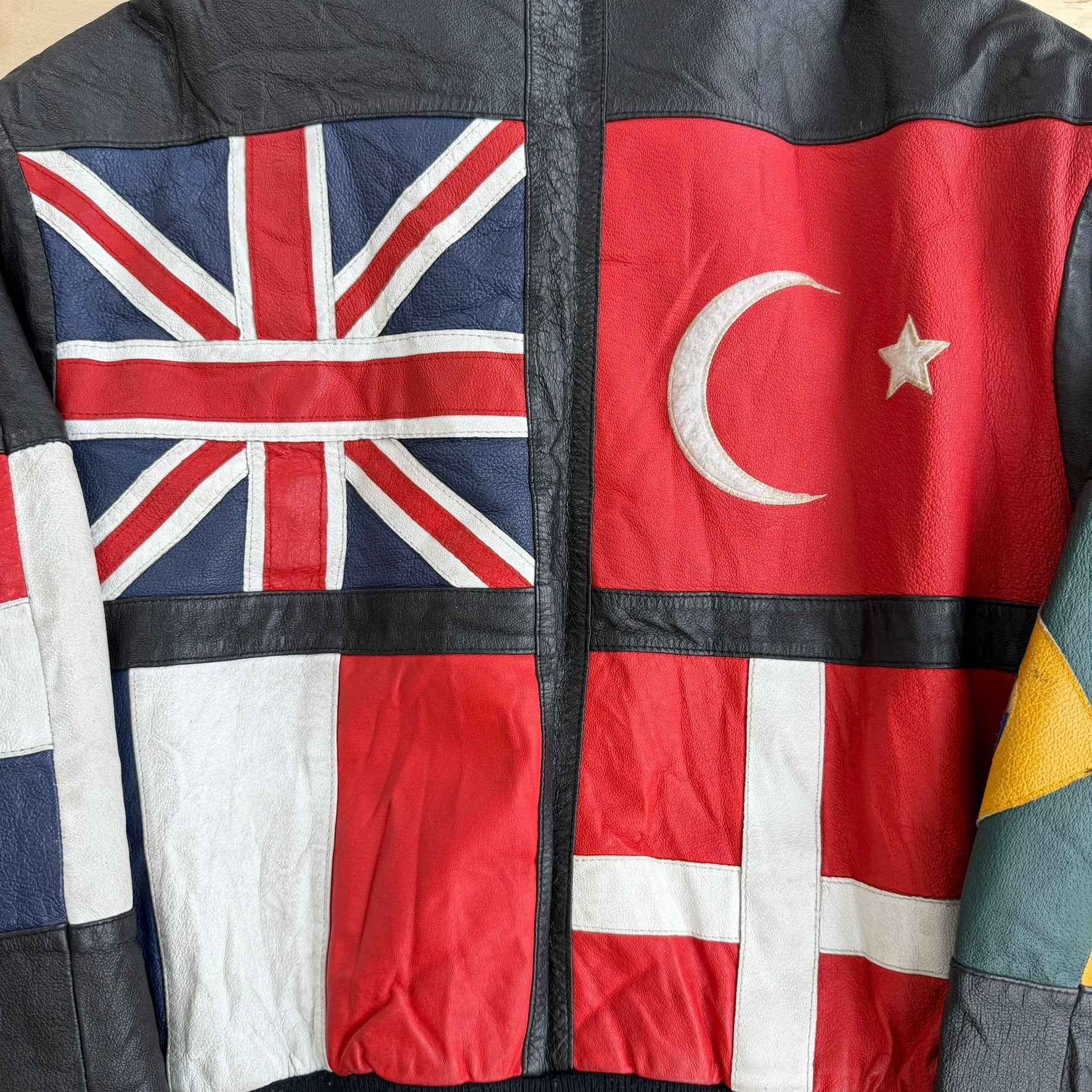 Vintage Phase 2 Embroidered World Flags Zip Up Leather Jacket - S
