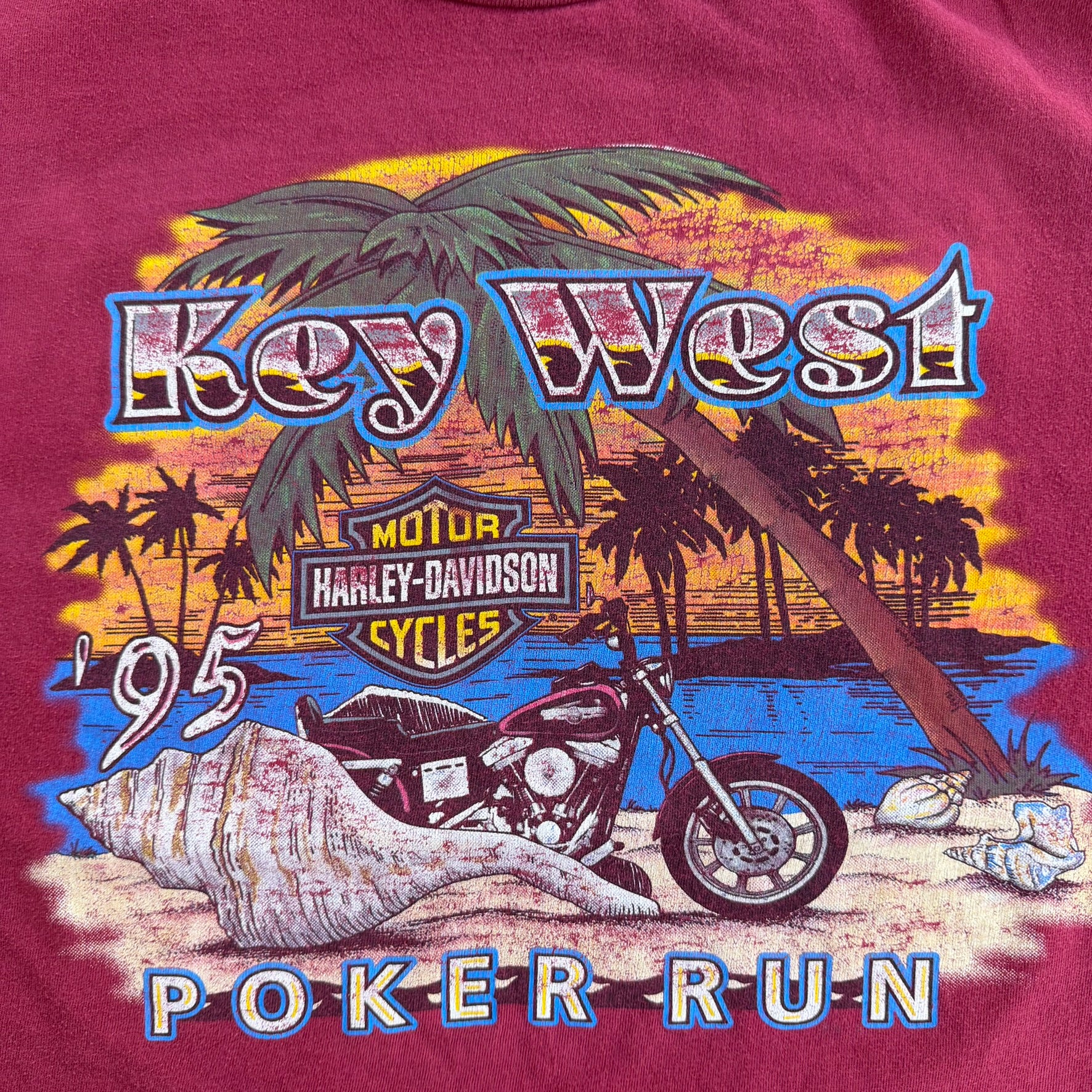 Vintage '95 Harley Davidson Key West Florida Poker Run Graphic Made In USA Single Stitch Tee - XL