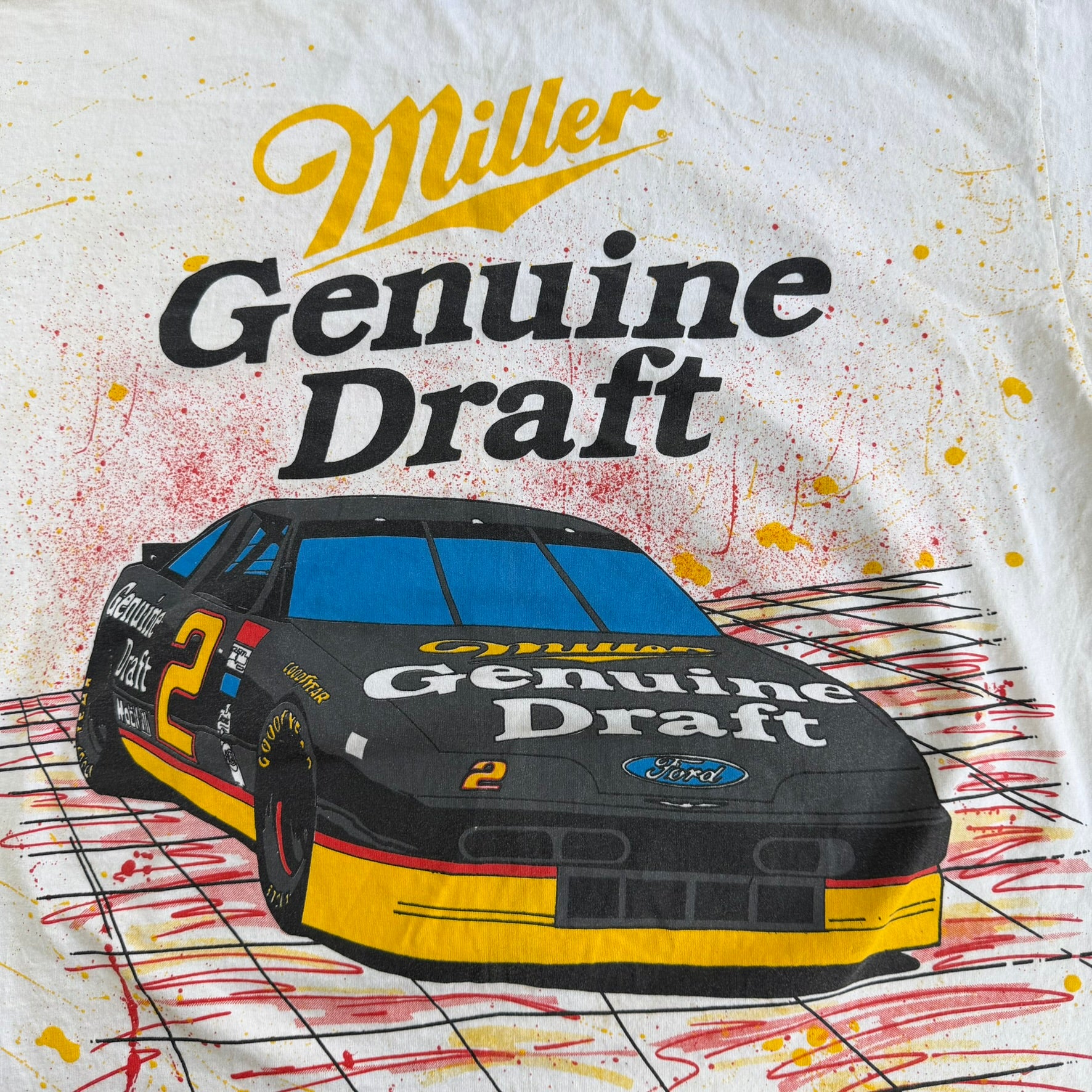 Vintage 90s Nascar Ford Dusty Wallace Car & Autograph Miller Draft Jumbo Print Made In USA Single Stitch Tee - 2XL