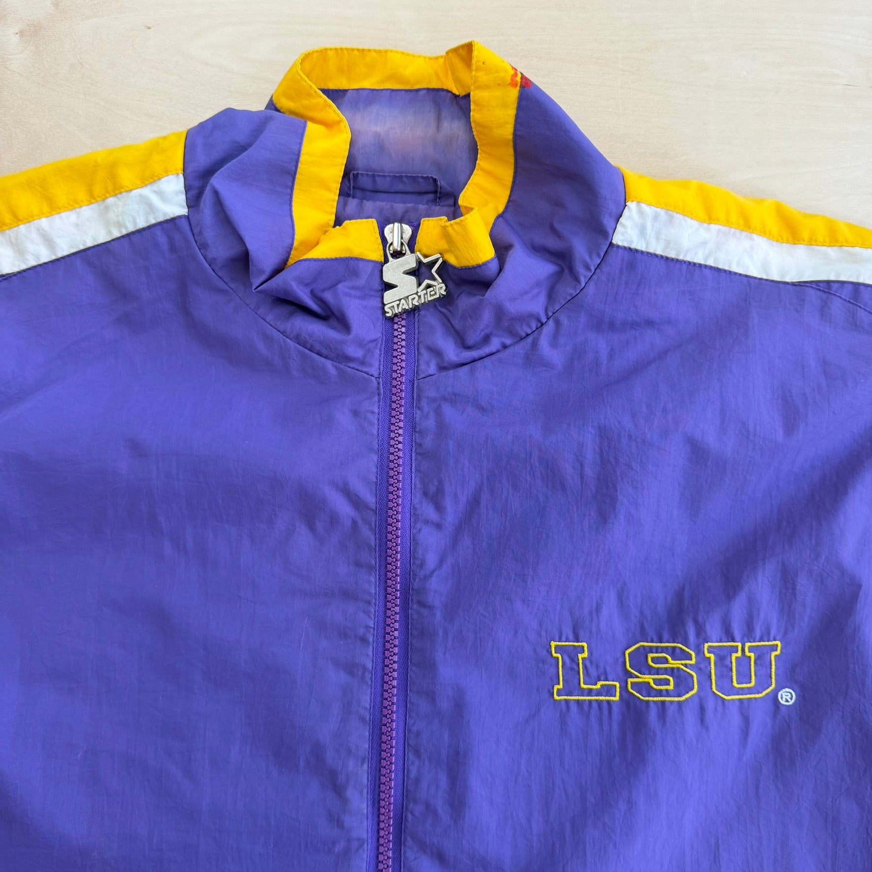 J- Vintage Louisiana State University Tigers Starter Embroidered Text & Logo Lightweight Zip Up Jacket - L