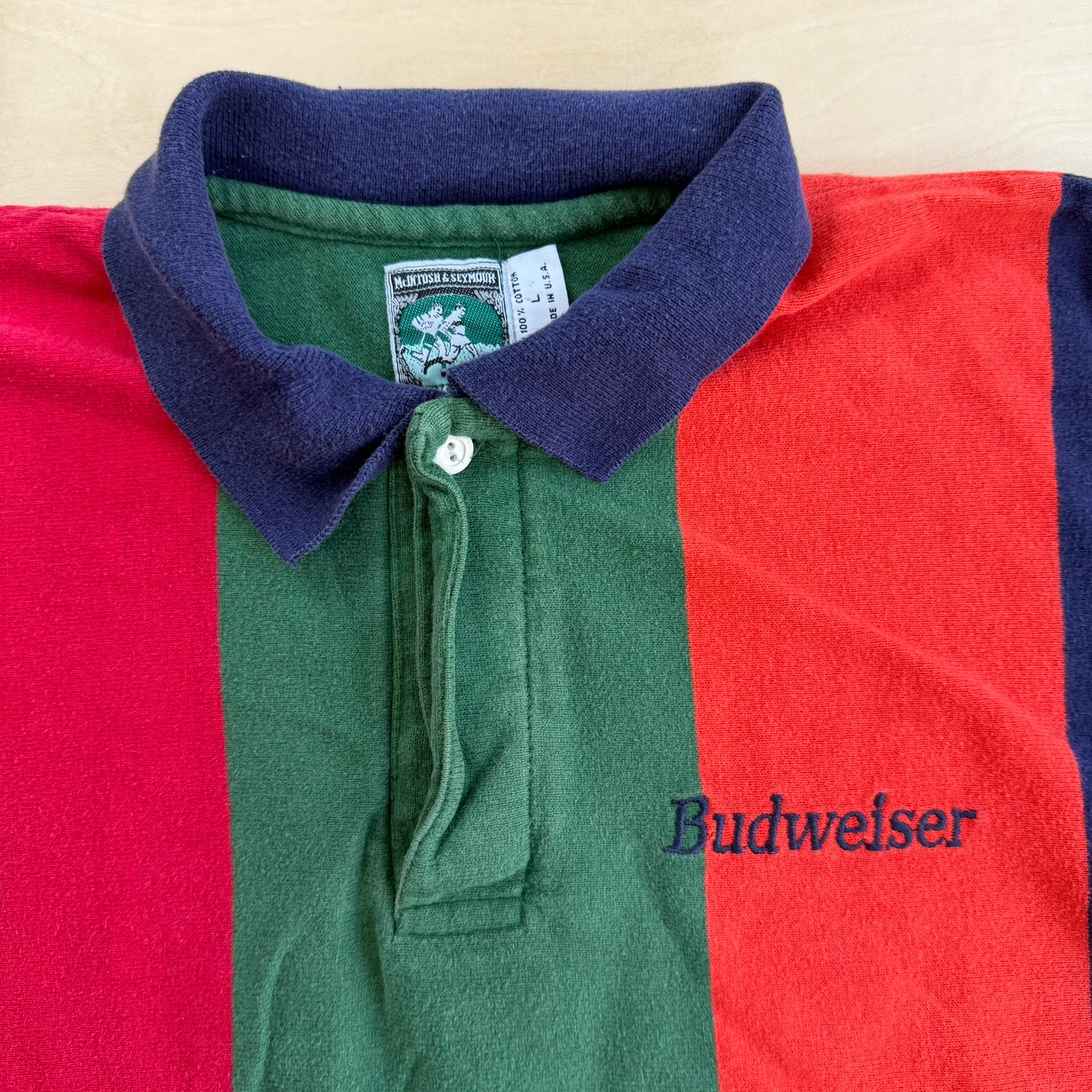 J- Vintage Budweiser Embroidered Text Made In USA Rugby Shirt - L
