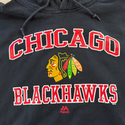 J- Vintage Chicago Blackhawks NHL Majestic Text & Logo Hoodie - XL