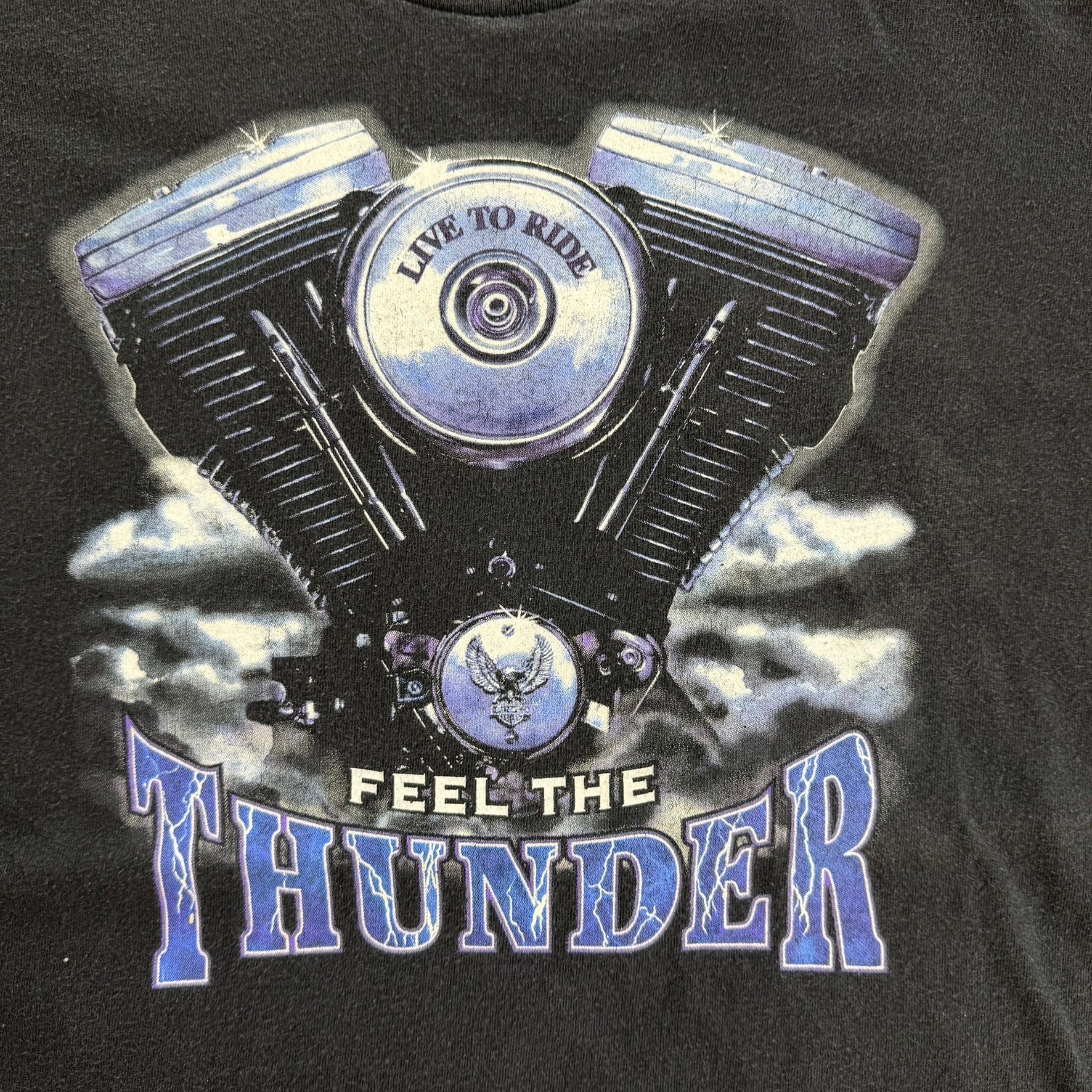 J- Vintage '95 Harley Davidson Lafayette Ville Feel The Thunder Graphic Made In USA Single Stitch Tee - L