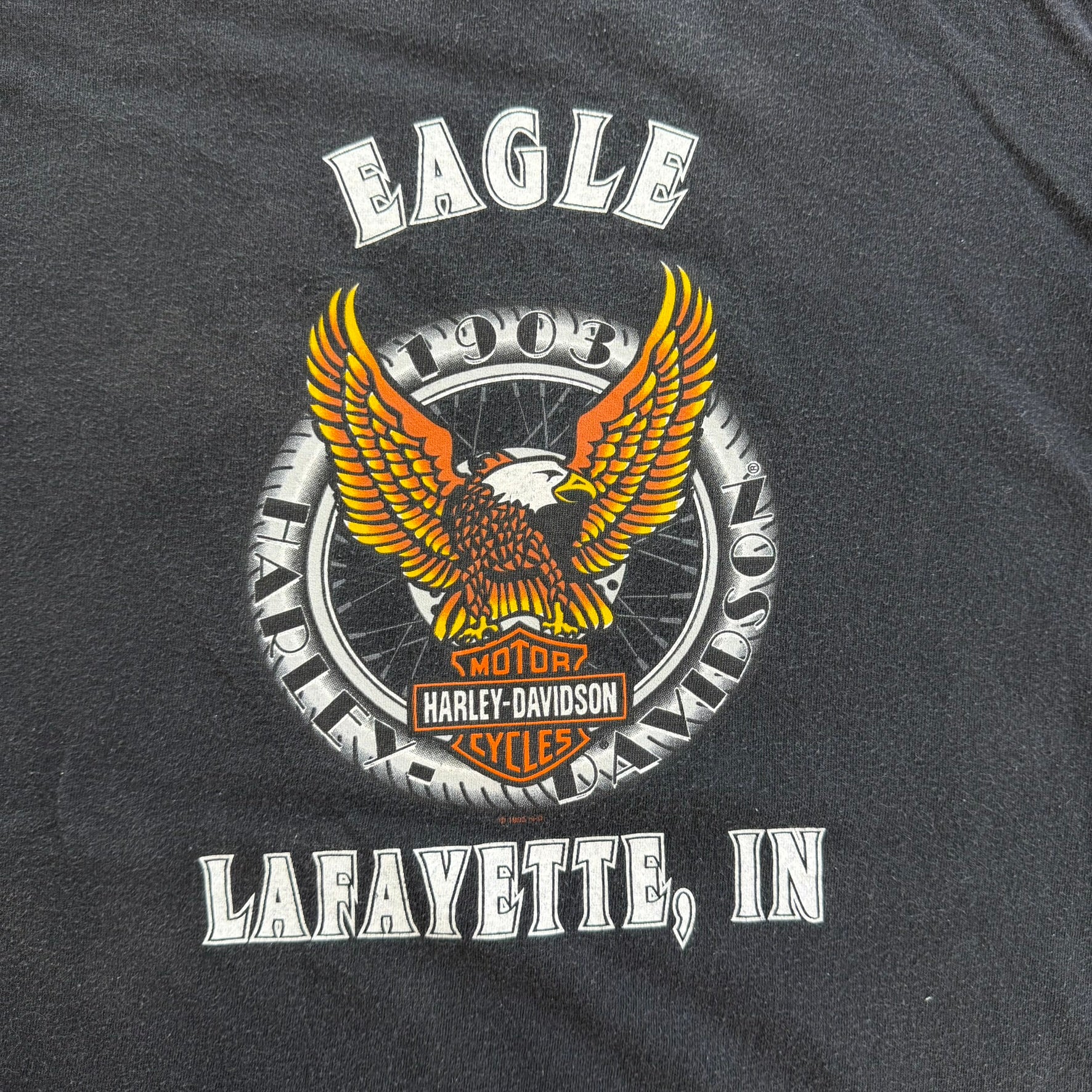 J- Vintage '95 Harley Davidson Lafayette Ville Feel The Thunder Graphic Made In USA Single Stitch Tee - L