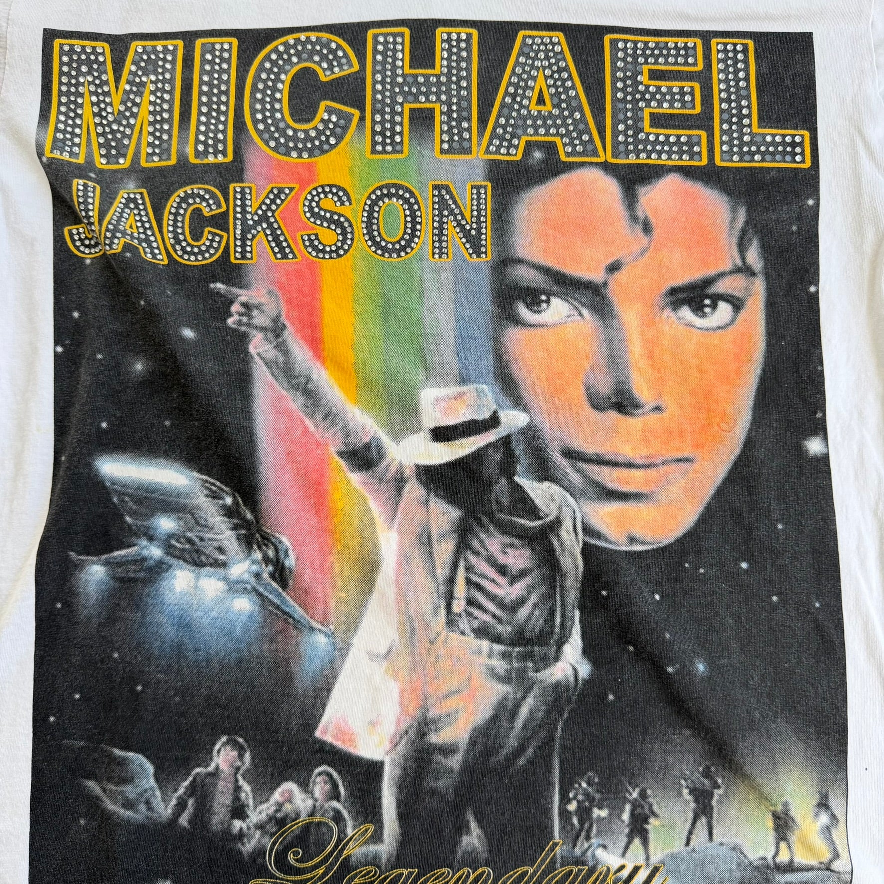 J- Vintage '09 Michael Jackson Legendary Picture & Rhinestones Text Graphic Tee - XL