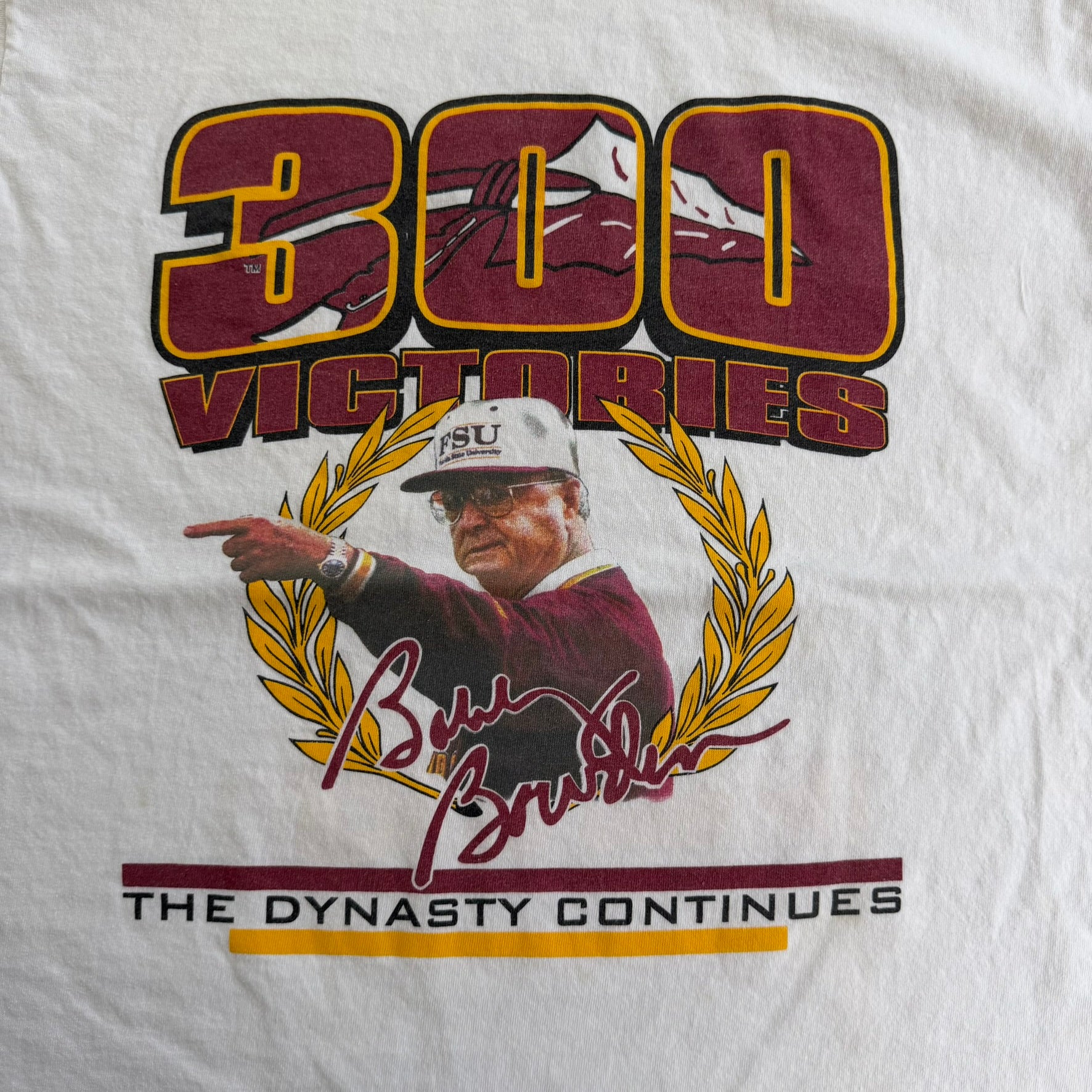 J- Vintage '99 Florida State University Bobby Bowden 300 Victories Graphic Made In USA Single Stitch Tee - L