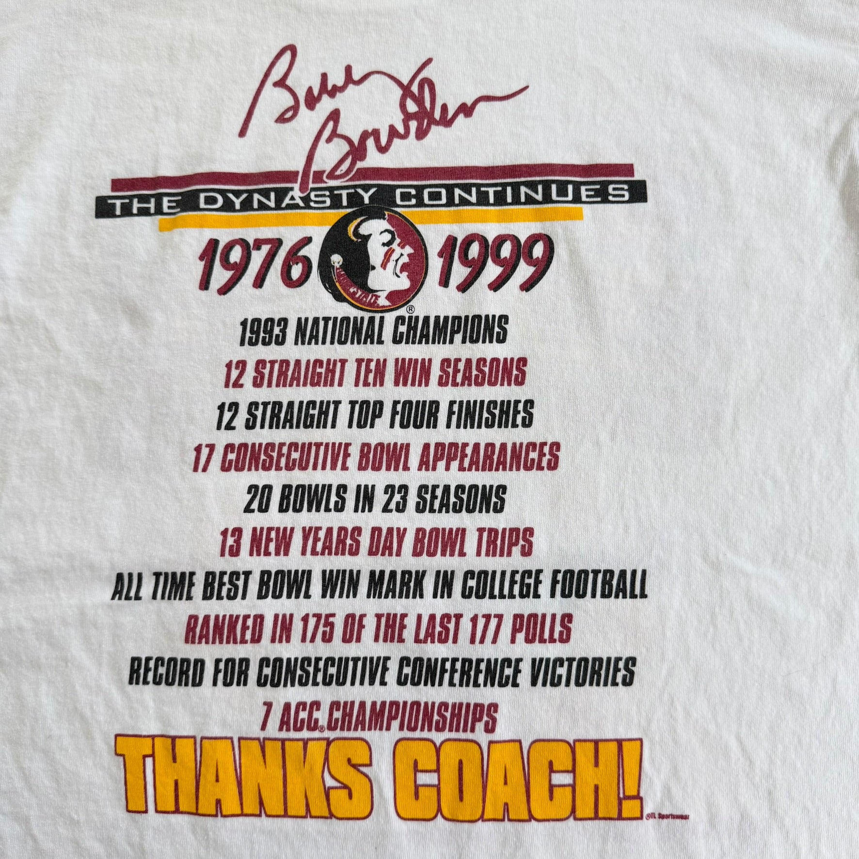 J- Vintage '99 Florida State University Bobby Bowden 300 Victories Graphic Made In USA Single Stitch Tee - L