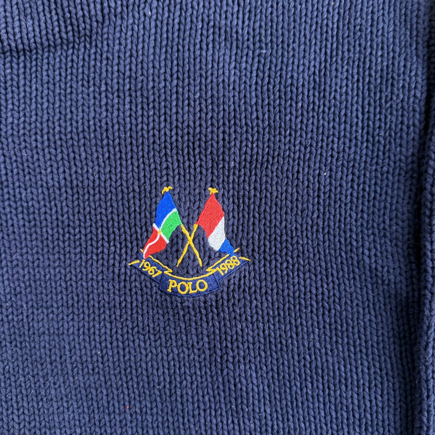Vintage 90s Polo RL Embroidered Text & Flag Navy Knit Sweater - L