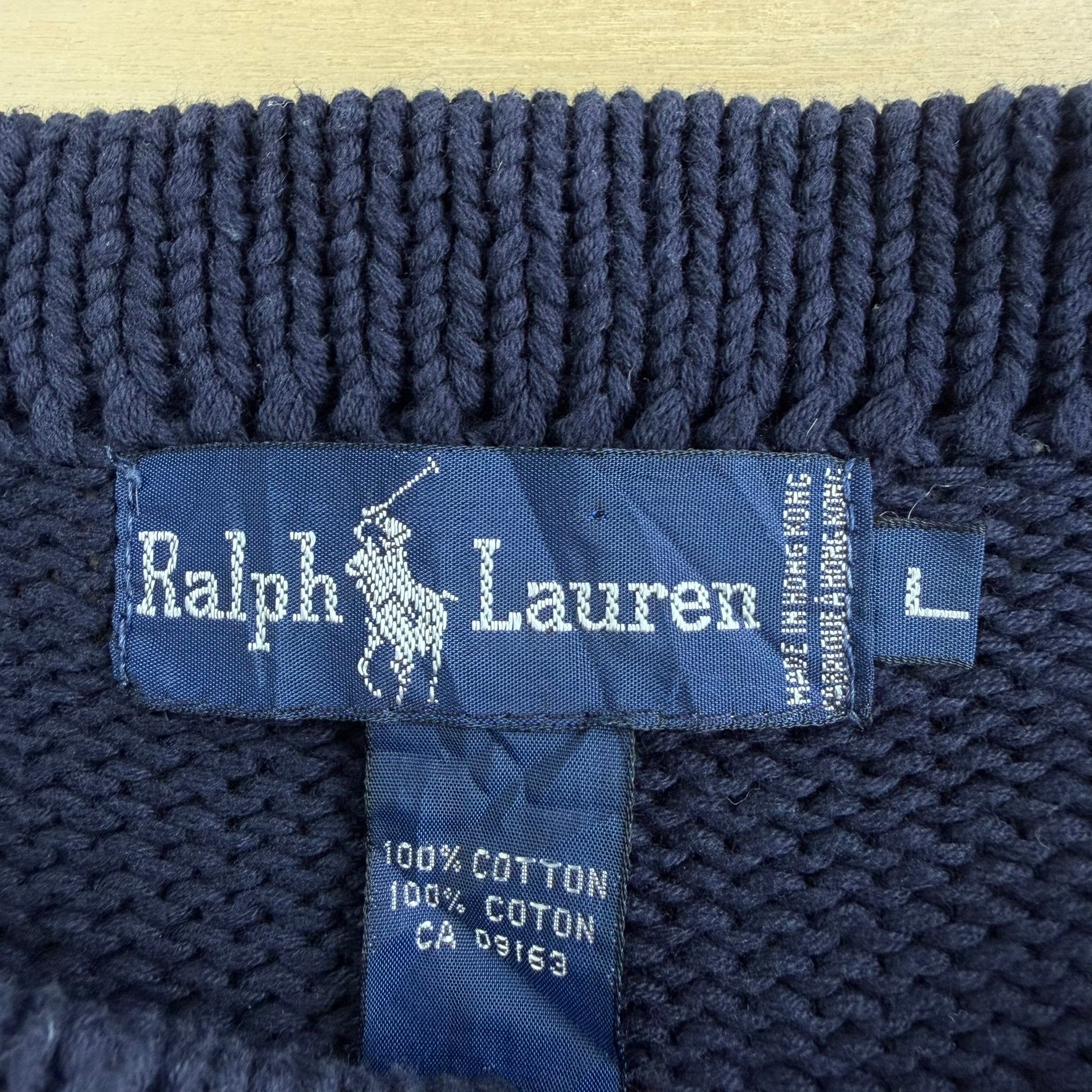 Vintage 90s Polo RL Embroidered Text & Flag Navy Knit Sweater - L