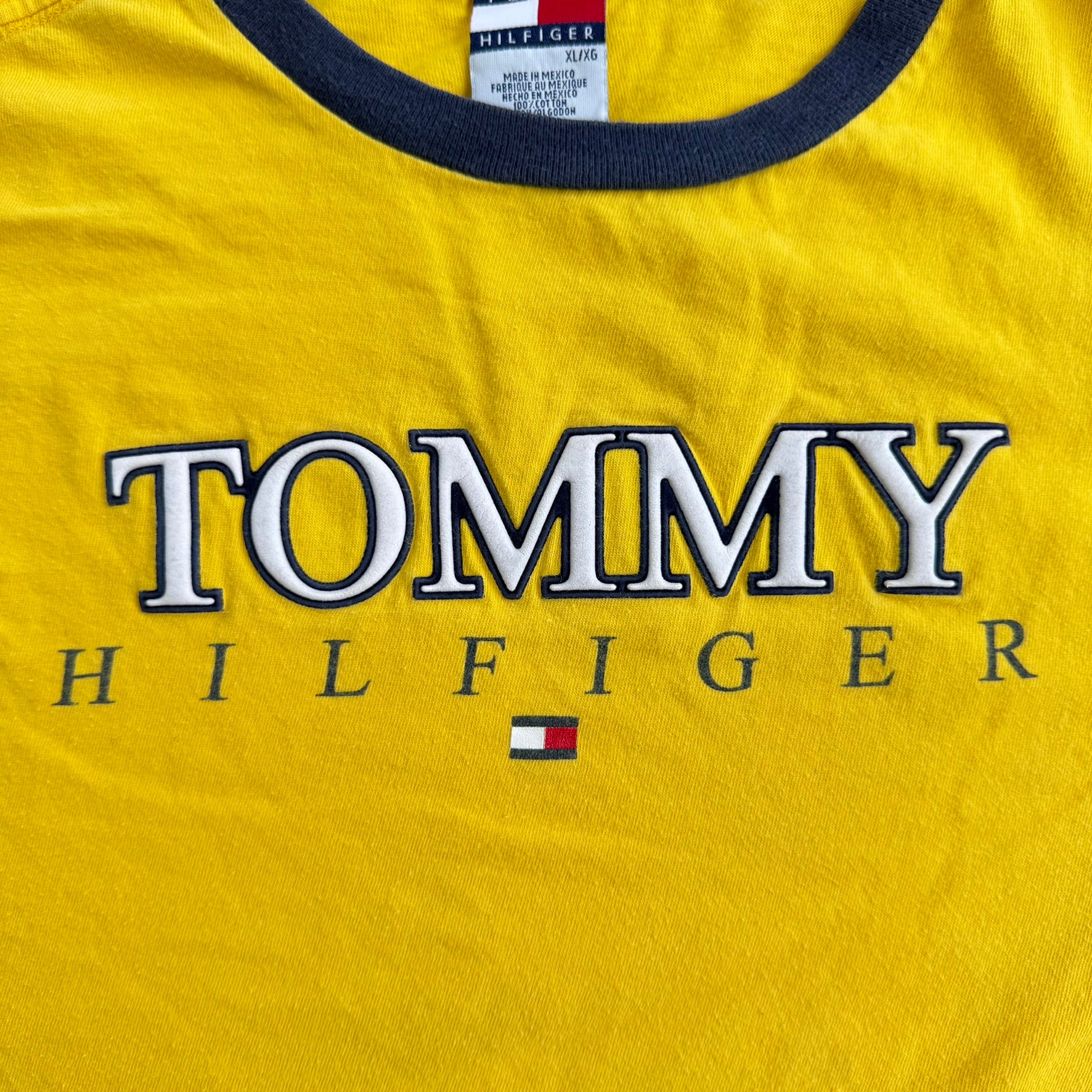 J- Vintage Tommy Hilfiger Puff Text Graphic Ringer Tee - XL