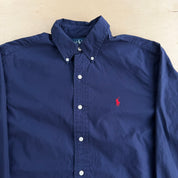 Vintage 90s Polo RL Embroidered Logo Navy Button Down Shirt - M