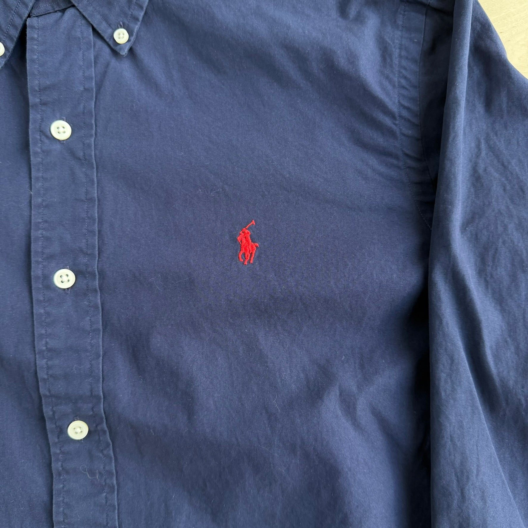 Vintage 90s Polo RL Embroidered Logo Navy Button Down Shirt - M