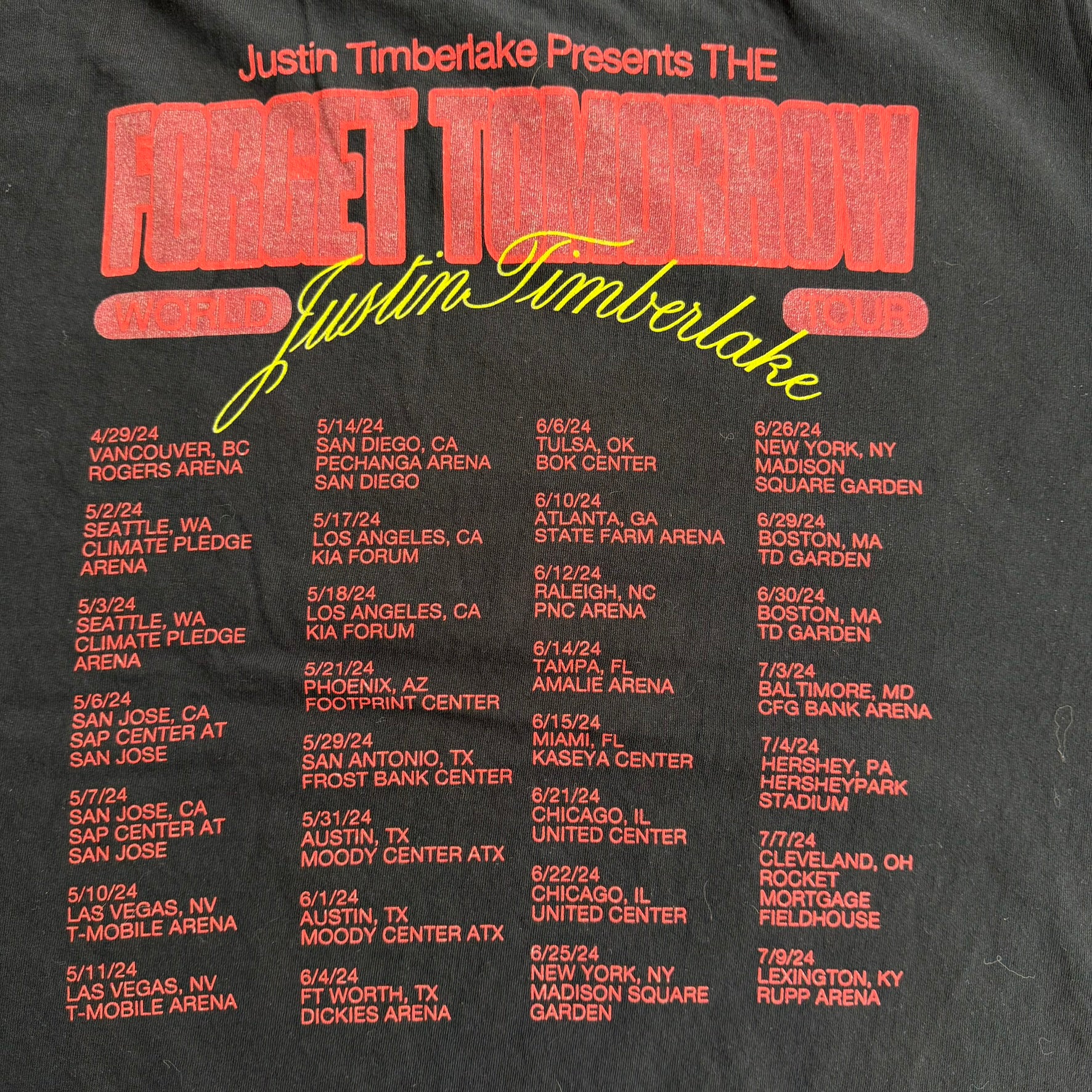 J- '24 Justin Timberlake Presents The Forget Tomorrow World Tour Picture Graphic Tee - L