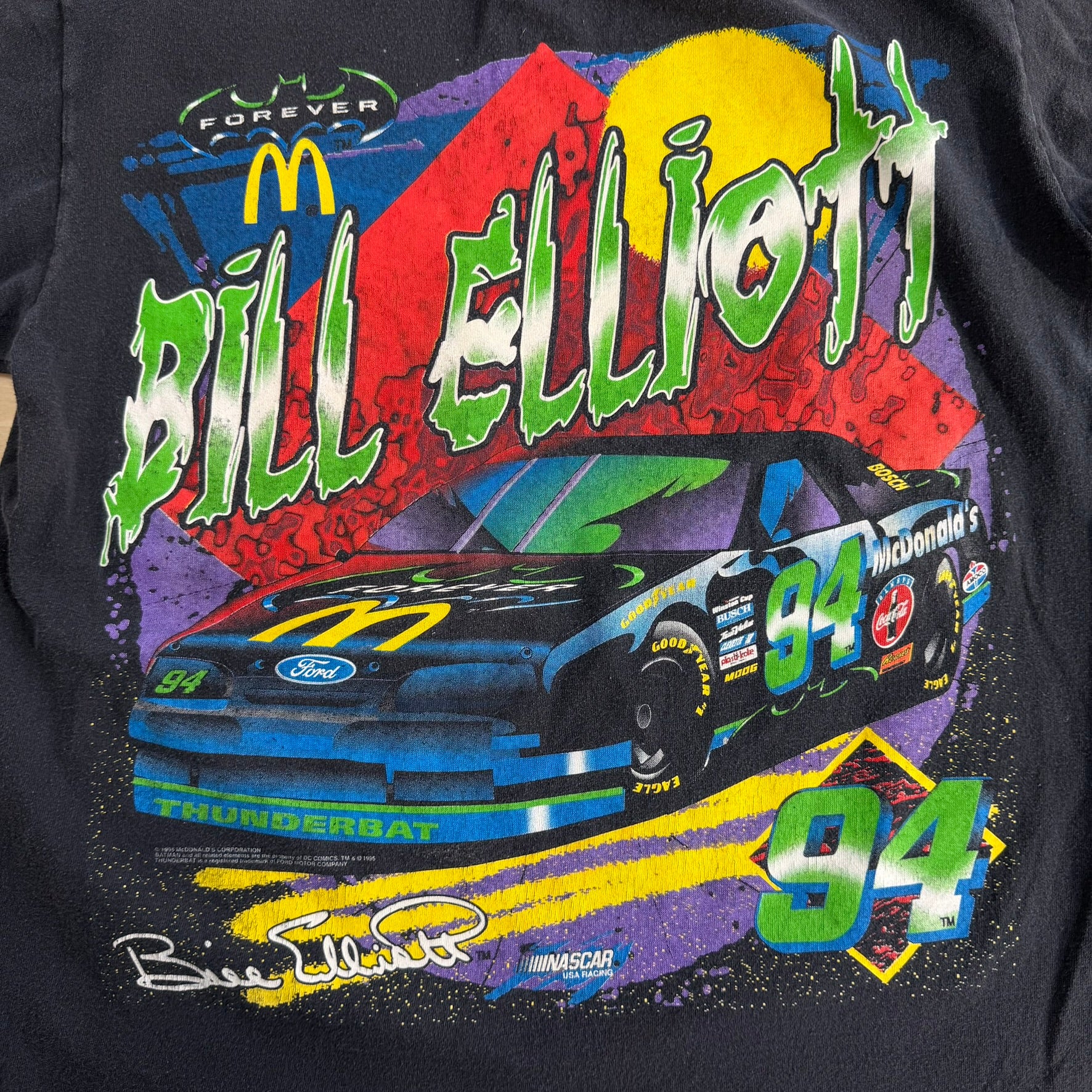 Vintage '95 Nascar Bill Elliot McDonald Racing Team Batman Forever Jumbo Print Made In USA Single Stitch Tee - L