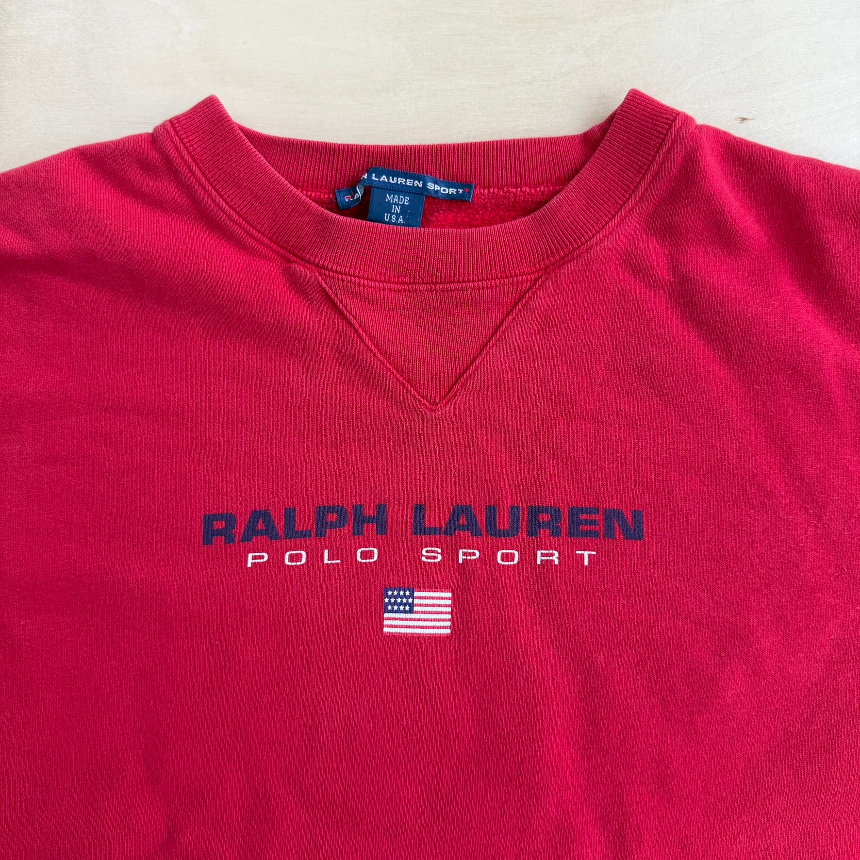 J- Vintage 90s Polo Sports RL Text & American Flag Graphic Made In USA Crewneck - L