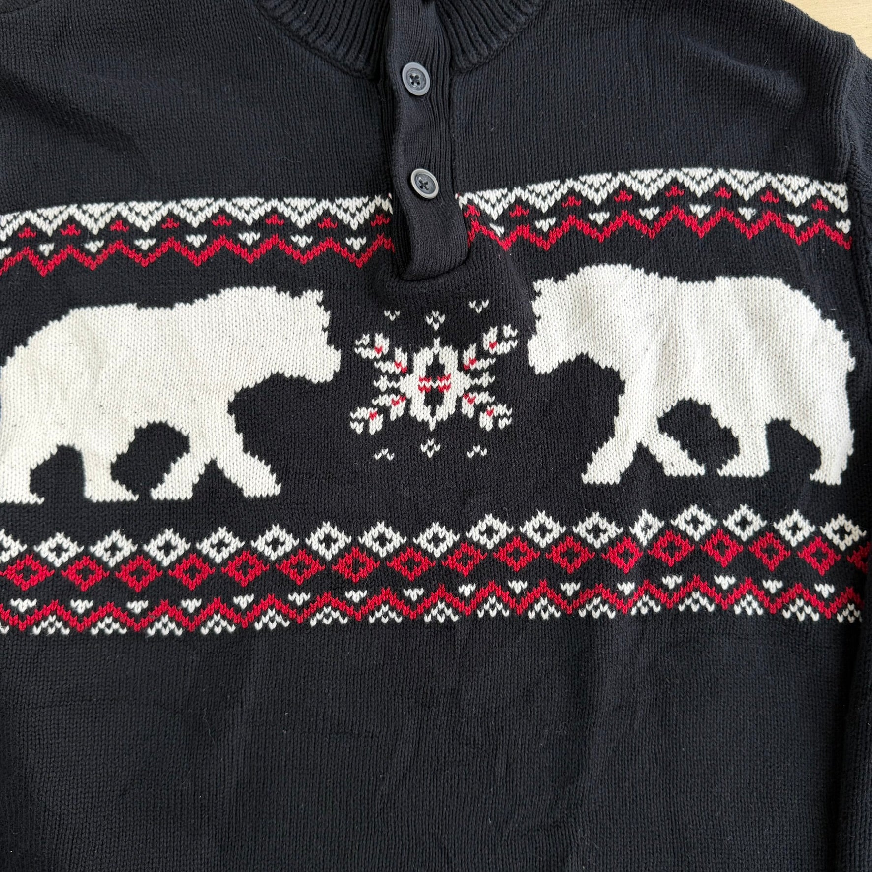 Chaps RL Bears Black Henley Knit Sweater - XL