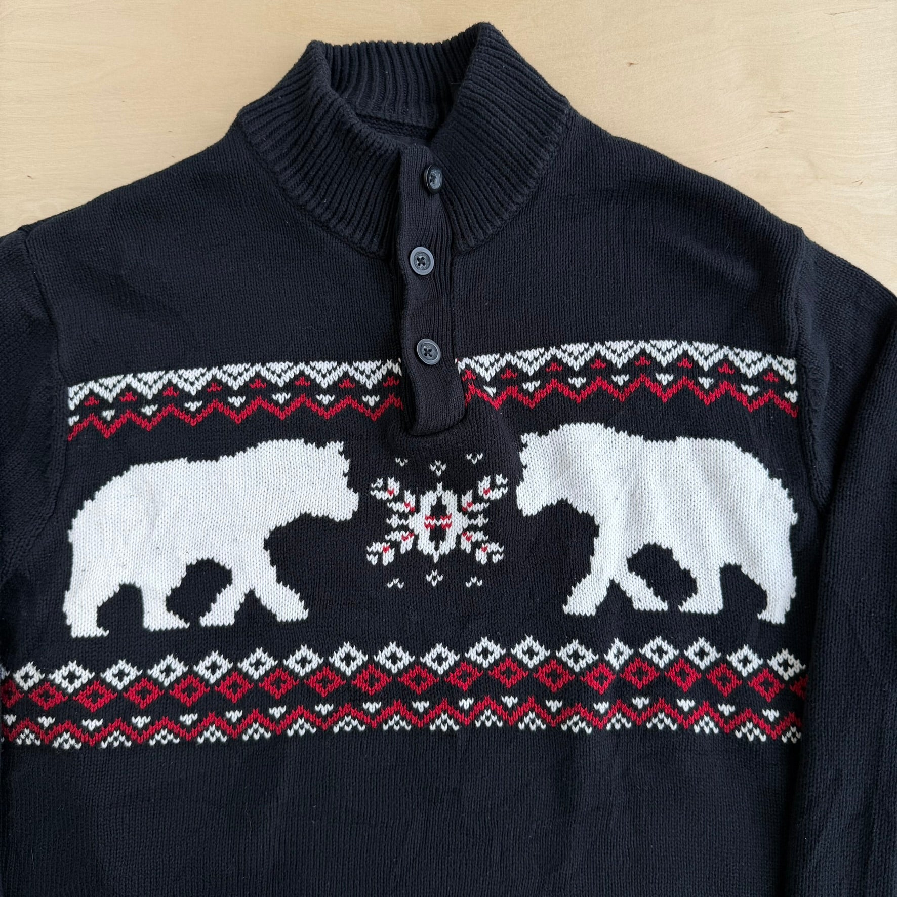 Chaps RL Bears Black Henley Knit Sweater - XL