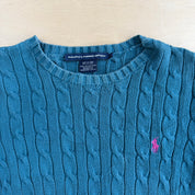 Vintage Women's Ralph Lauren Sports Embroidered Logo Teal Knit Sweater - Women's S