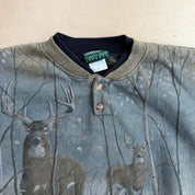 J- Vintage Forest Glen Apparel Deers All Over Print Made In USA Henley Crewneck - L