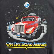 J- Vintage '90 Truckin' On Girard Ohio On The Road Again Graphic & Text Made In USA Crewneck - L